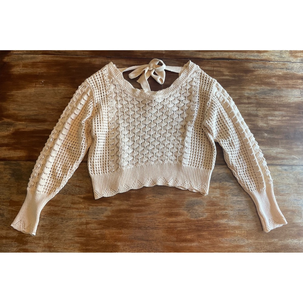 Umgee Womens Medium Cream Crochet Open Knit Tie Back Sweater Boho Pullover